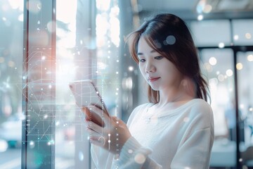 Poster - A young woman interacts with a smartphone surrounded by digital elements, representing the fusion of technology and daily life in a modern, connected world.