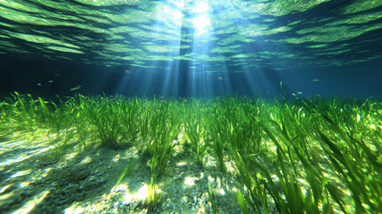 Poster - A tranquil underwater seagrass meadow swaying gently in the current. Small fish swim among the long, flowing strands of seagrass