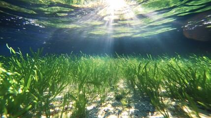 Poster - A tranquil underwater seagrass meadow swaying gently in the current. Small fish swim among the long, flowing strands of seagrass