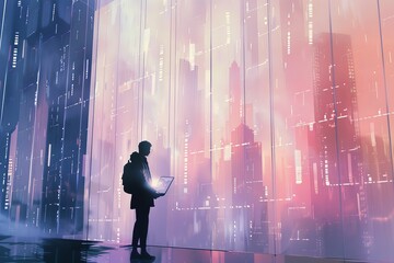 Poster - A silhouetted figure with a laptop looks out over a digitally-inspired cityscape, blending the boundaries between technology and urban life, suggesting futuristic themes.