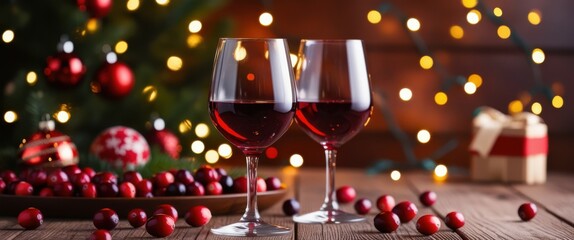 Christmas table setting, wine glasses, festive bokeh lights, red ornaments, pine branches, wooden table, holiday atmosphere, warm glow, celebration, cozy evening, romantic dinner, elegant glassware, s