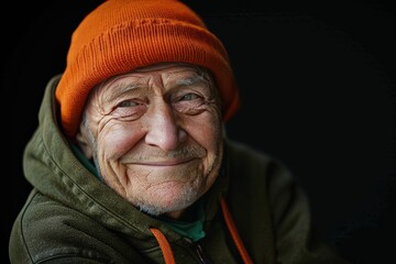 An elderly man wearing an orange beanie and a green hoodie smiles warmly, embodying wisdom, comfort, and the joy of simple moments in life.