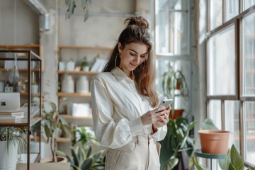 A young woman in casual attire, smiling as she browses her phone in a bright, plant-filled room, capturing a moment of connection and leisure.