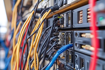 Poster - Close-up of interconnected network cables in a server environment.