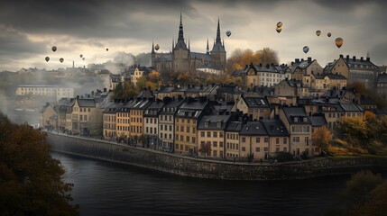 Hot air balloons flying over stockholm cityscape in autumn