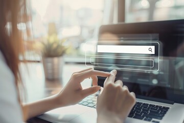 Poster - A person touches a digital search bar on a laptop, symbolizing online search, technology, and information accessibility in a bright, modern workspace.