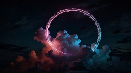 colorful neon ring glowing inside the stormy cloud the dark sky