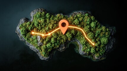 Fototapete - Glowing Path on a Green Island Map   Location Marker  Navigation  Journey  Exploration