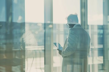 Poster - A lone professional engrossed in work, connected with their tablet in a sunlit corner of a modern corporate office, exuding focus and productivity.