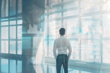 Poster - An analyst stands in front of large digital screens filled with complex graphs and data visualizations, absorbed in making sense of intricate financial information.