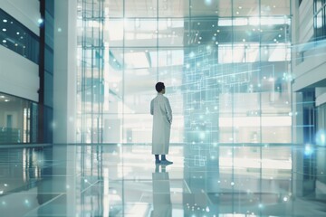 Poster - A doctor in a lab coat stands in a modern facility, examining a glowing holographic interface, symbolizing the integration of healthcare and technology.