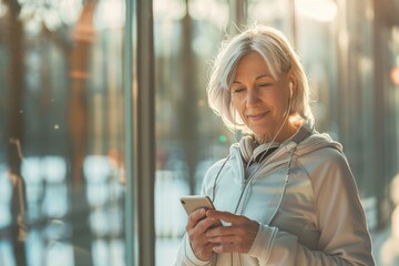 An elderly woman, wearing casual attire, is seen texting on her phone while walking through warm sunlight, embodying connectivity and serenity in her routine.