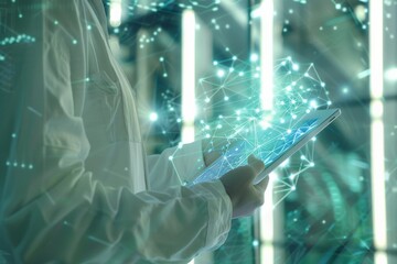 Poster - A scientist in a lab coat interacts with a digital tablet displaying a holographic network, representing advanced data analysis in a futuristic setting.