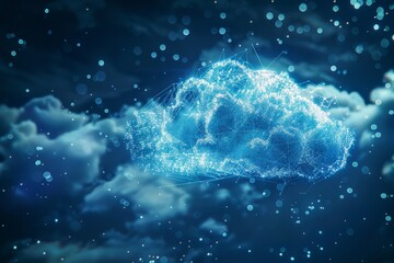 Poster - This image depicts an abstract blue cloud with network connections, representing modern technology, digital communication, and virtual connectivity in a dynamic way.