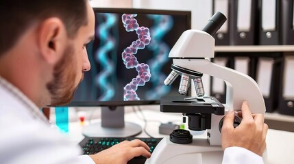 Scientist meticulously analyzing genetic data on a computer screen, symbolizing the pursuit of scientific discovery and understanding of life's complexities.