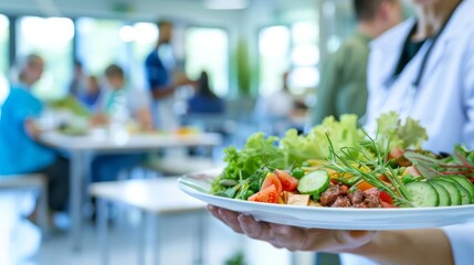 Leinwandbilder - A hospital cafeteria scene with a focus on healthy meal options being served, with staff and patients in the background, macro shot