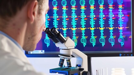 Scientist meticulously analyzing genetic data on a computer screen, symbolizing the pursuit of scientific discovery and understanding of life's complexities.