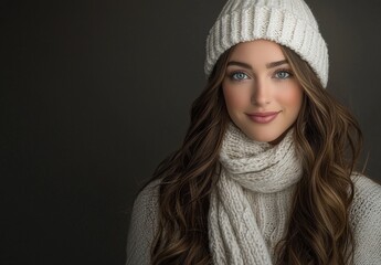 Isolated on a grey background, a beautiful woman is looking up in the winter.