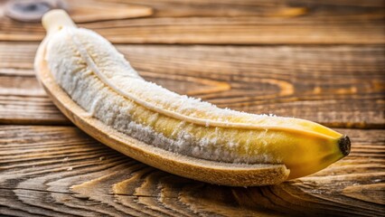 A single, yellow banana covered in white fuzz, resting on a rustic wooden surface, showcasing the signs of time and decay.