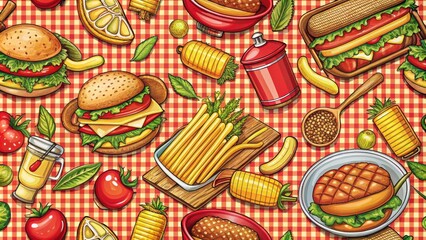 A vibrant picnic scene bursting with delicious food, including juicy burgers, golden fries, crisp corn, and a refreshing drink. The scene is set on a cheerful red and white checkered tablecloth.