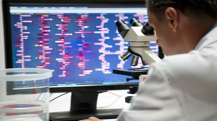 Scientist meticulously analyzing genetic data on a computer screen, symbolizing the pursuit of scientific discovery and understanding of life's complexities.