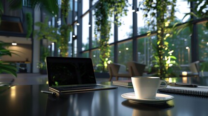 Poster - Picture of a coffee cup placed on a table with a laptop, with a calm working atmosphere in a cafe, giving a comfortable feeling while working.