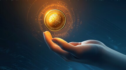 Illustration of hand with brain floating in palm. Bright golden composition of money and gold coins. Concept of finance, business and management, problem solving, finding a way to success.