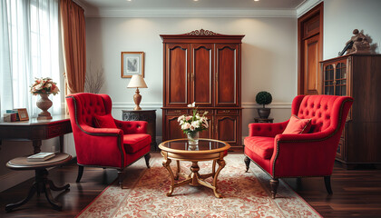 Elegant psychologist's office interior with two red armchairs facing each other between a golden table with flowers and vintage, wooden cabinet. Real photo isolated with white highlights, png