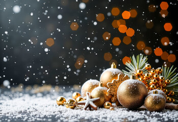 Christmas gold decoration on a black textured background with a copy space top view