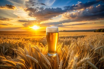 A glass of beer is sitting on a field of wheat