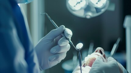 Poster - A medium shot of a dentist examining a patient��s teeth with advanced dental tools in a modern dental clinic, set in a clean and well-equipped environment, medium shot
