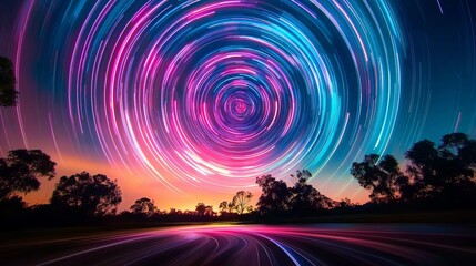 Aufkleber - Long exposure star trails in the night sky, creating circular patterns above a silhouetted landscape.