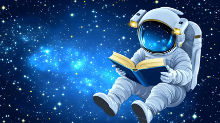 Wall Mural - astronaut reading in space, stars, galaxy, book, knowledge, education