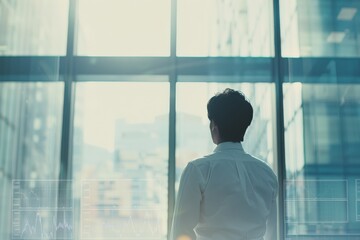 Poster - A businessman stands thoughtfully, gazing out of tall, modern office windows, symbolizing ambition, foresight, and a vision for the future in a corporate setting.