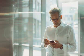 Poster - A mature man in glasses checks his smartphone while standing near an office window, with city views outside and natural light illuminating the space.