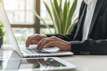 Poster - Close-up of a person in a business suit typing on a laptop at a sunlit desk with plants nearby, symbolizing connection and technological advancement.