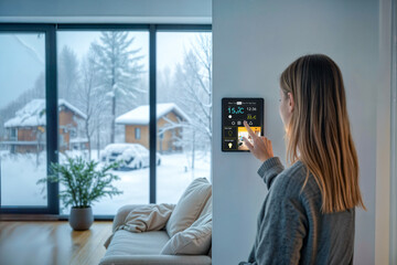 a woman lowers the temperature on a smart control panel, focusing on ecology and savings in the face