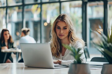 Poster - A professional businesswoman works intently on a laptop in a modern office setting, emphasizing themes of productivity, focus, and contemporary corporate environment.