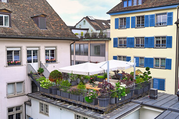 Terrace with flowers and plants in Zurich Switzerland