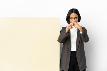 Young business mixed race woman with with a big banner over isolated background making stop gesture with her hand to stop an act