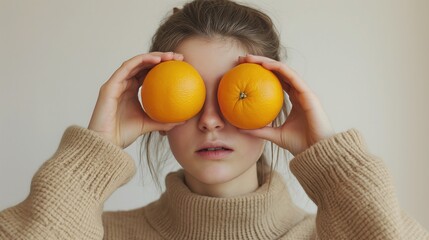 Portrait of beautiful girl with oranges in her hands on white background