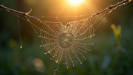 Resilient spider web glistening in dew