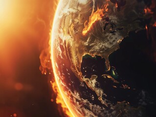 Wall Mural - close up of a planet with a fire burning on it. the fire is orange and yellow and is located on the 