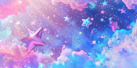Wall Mural - colorful background with a lot of stars and clouds. the stars are floating in the sky and the clouds