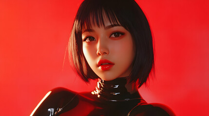 Kpop idol portrait, South korean girl in latex suit, artist performance, closeup of a asian woman