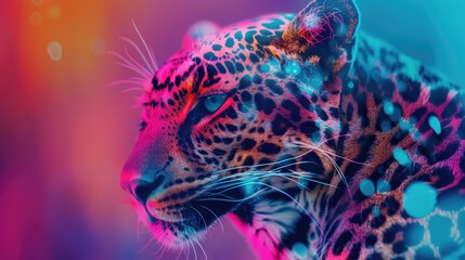 Wall Mural - colorful leopard with a bright blue background. the leopard is looking at the camera with a fierce e