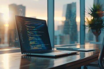 Poster - a serene scene of a laptop displaying programming code set against a backdrop of a warm sunset, symb