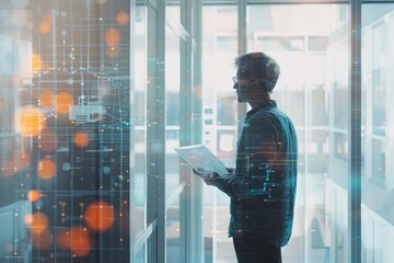 Poster - A man using a tablet in a contemporary data server room, demonstrating the interaction between technology, data management, and secure digital infrastructure.