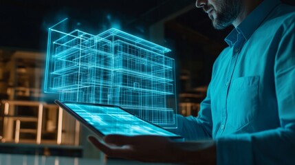 Wall Mural - Man Using Tablet Displaying 3D Architectural Model in a Modern Workspace