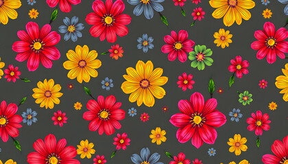 Seamless repeat print pattern background with colorful flowers isolated with white highlights, png